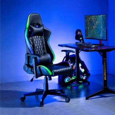 Chaise de jeu E-Sports RGB Lights PU avec appuie-tête, soutien lombaire